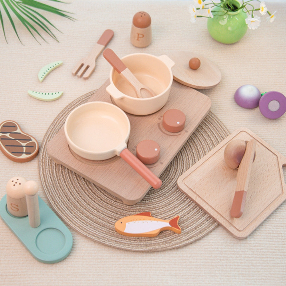 ערכת בישול מעץ לילדים - כיריים, כלי מטבח ומזון