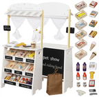 דוכן שוק מעץ עם מגוון אביזרי משחק