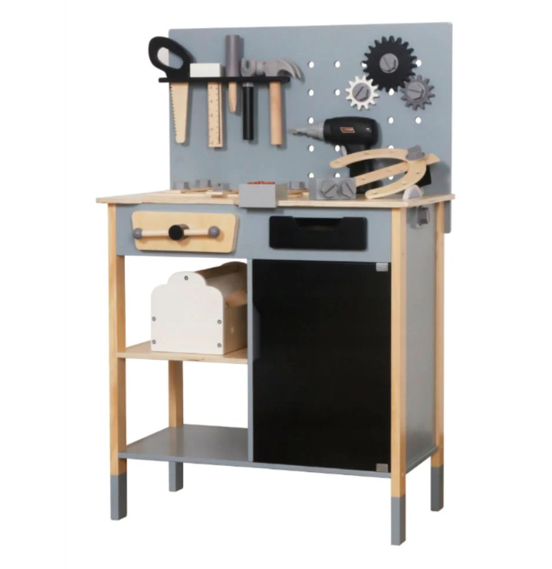 שולחן נגרות מעוצב מעץ לילדים עם כלי עבודה