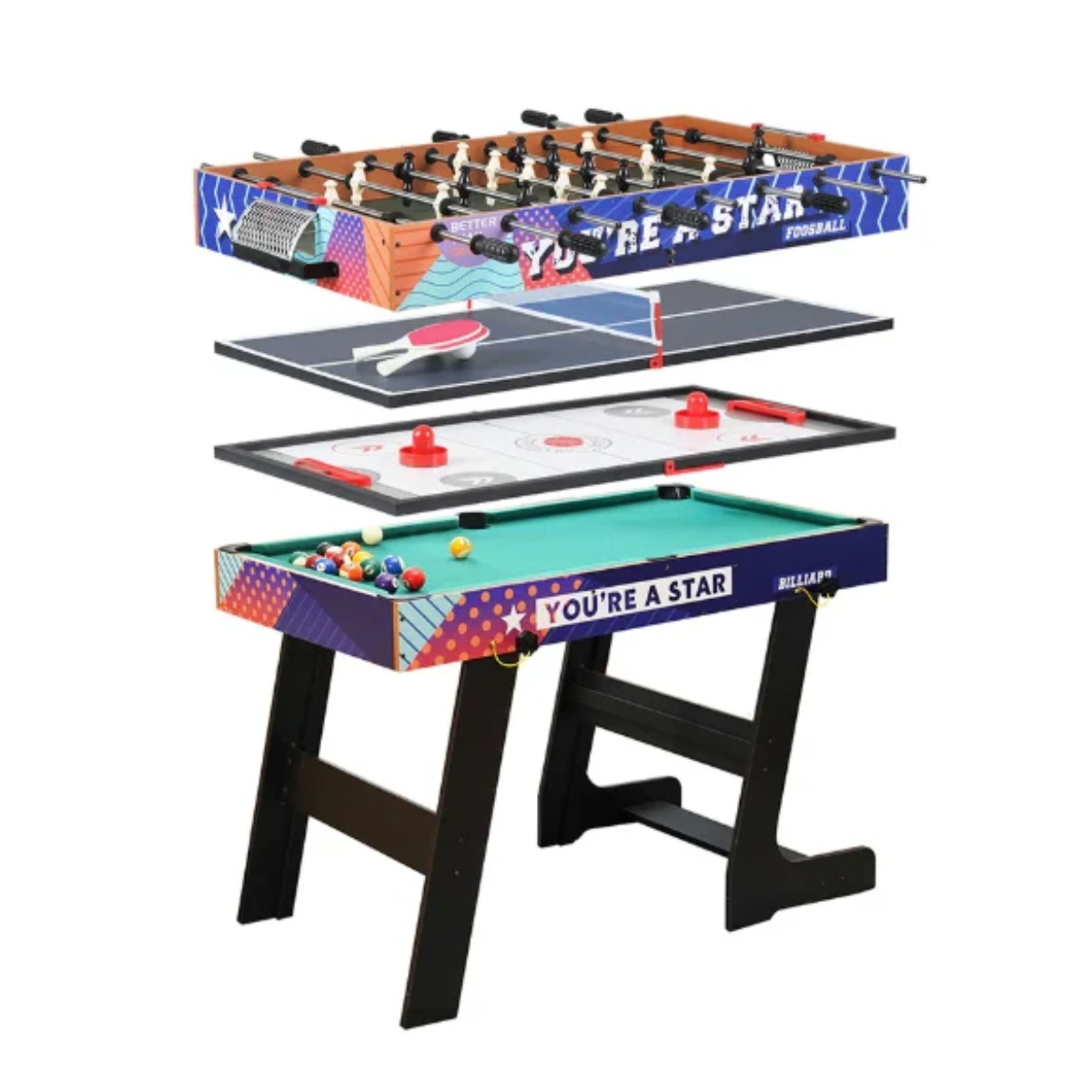 שולחן משחק 4 ב-1 - משולב ביליארד, הוקי, פינג פונג וכדורגל